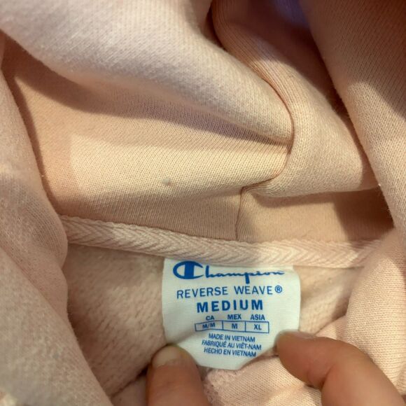 Champion Reverse Weave size Medium Baby Pink Embroidered Hood Logo Sweatshirt - Picture 6 of 9